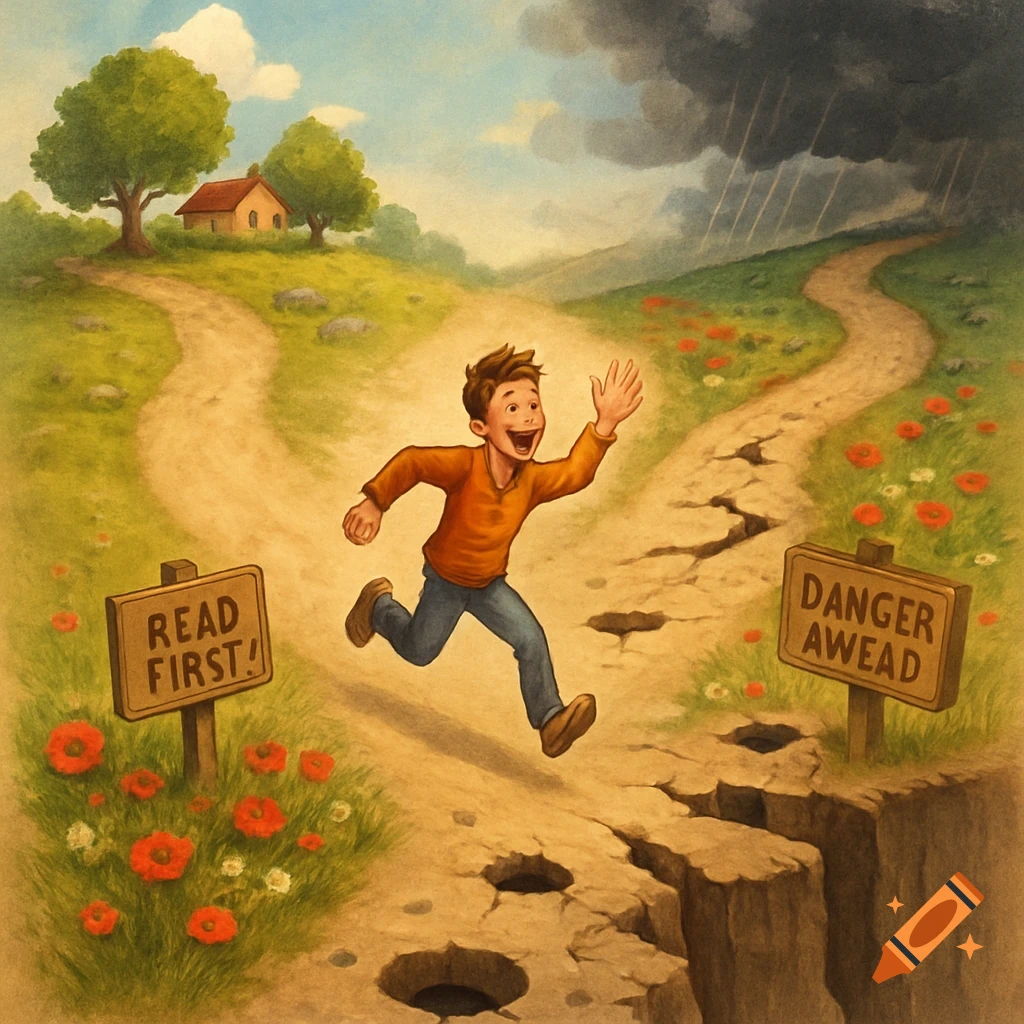 A person running past signs at a fork in the road towards a cliff and storm clouds, away from a path leading to a house.