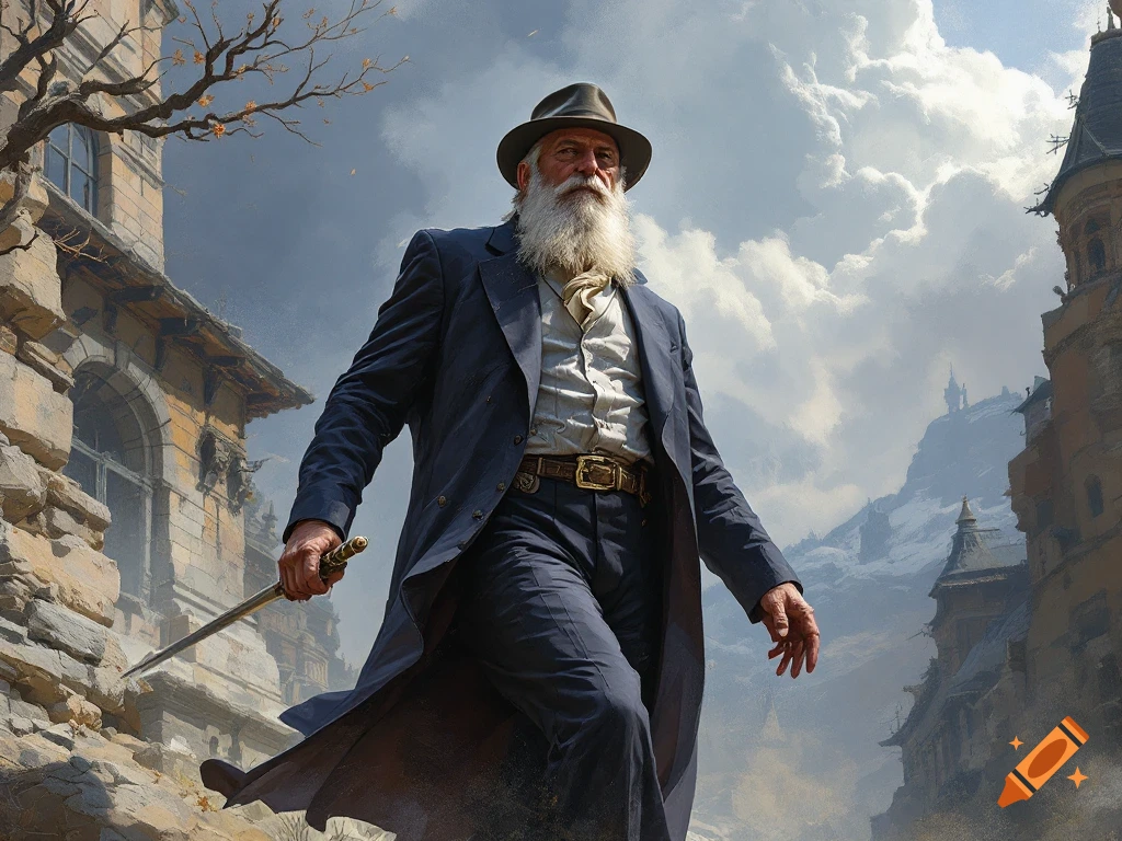 A man with a long white beard, wearing a coat and hat, holding a sword in a dramatic rocky landscape.