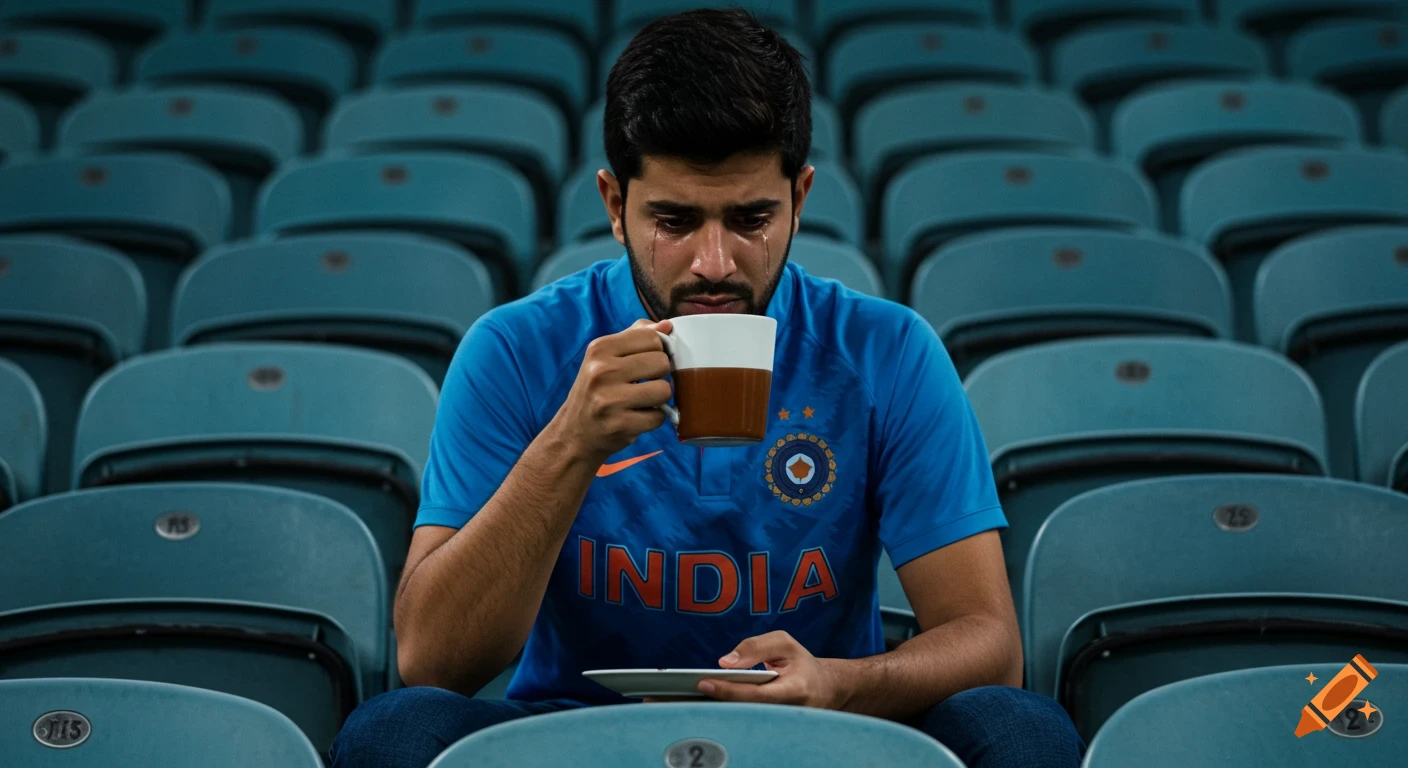 Heartbroken Indian cricket fan sitting in stadium seats, crying while holding a cup.