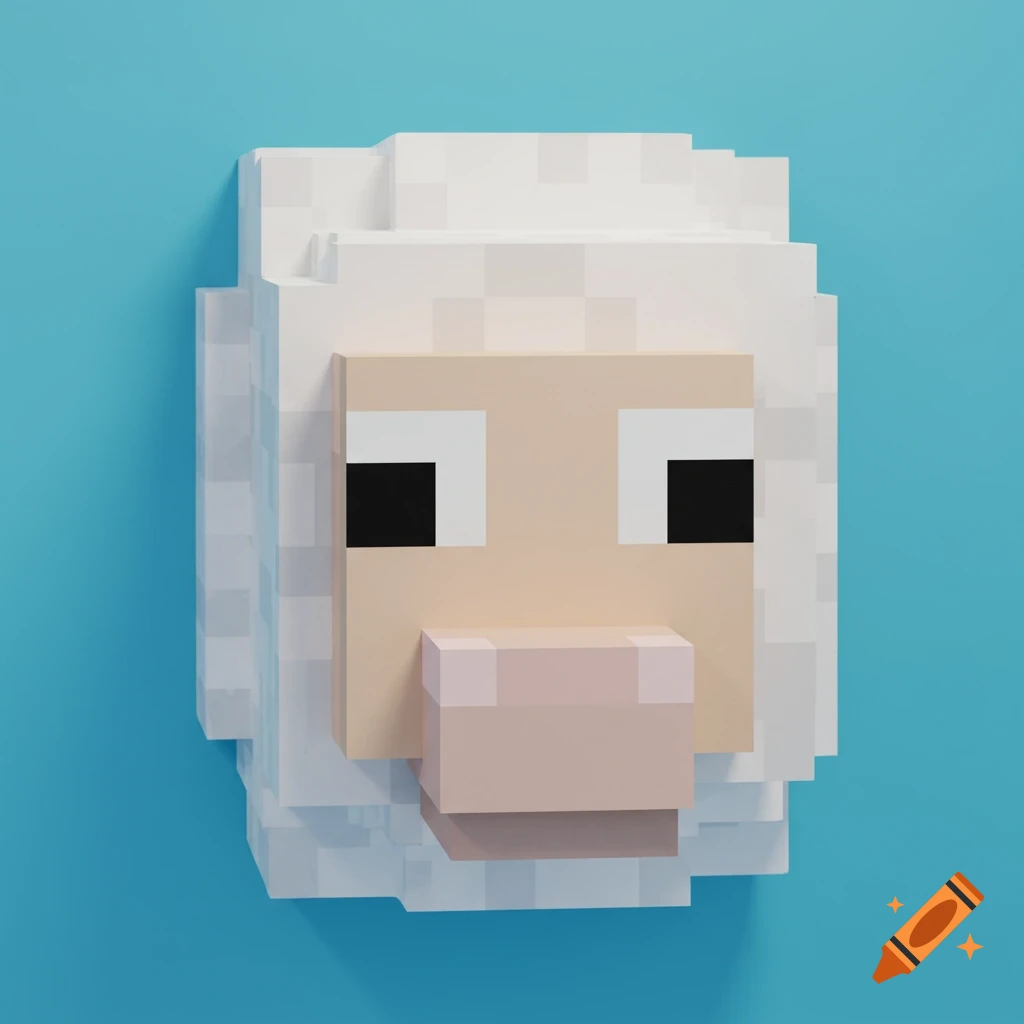 A pixelated sheep face in the style of Minecraft against a blue background.