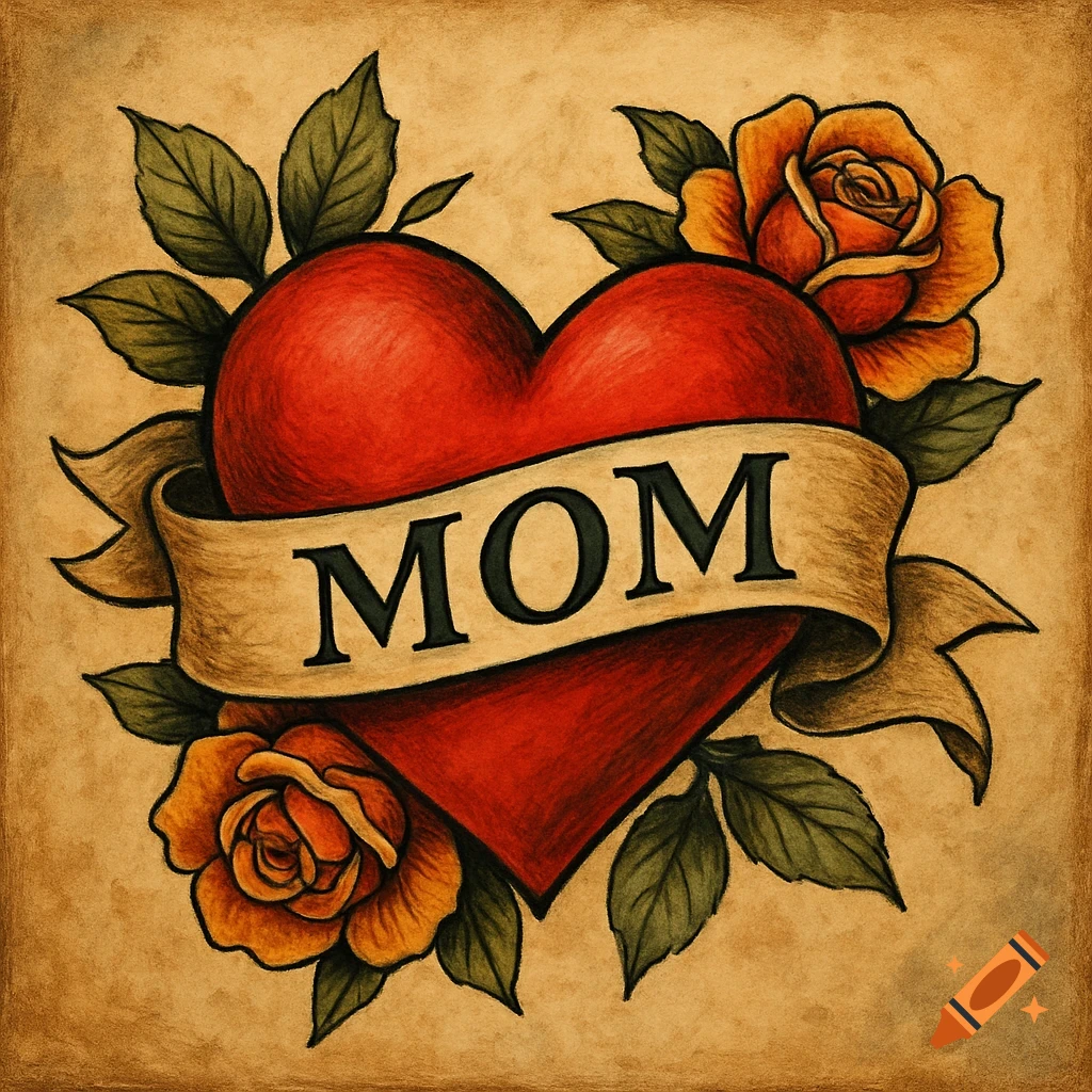 Vintage illustration of a red heart with a ribbon saying MOM, surrounded by orange roses and green leaves.