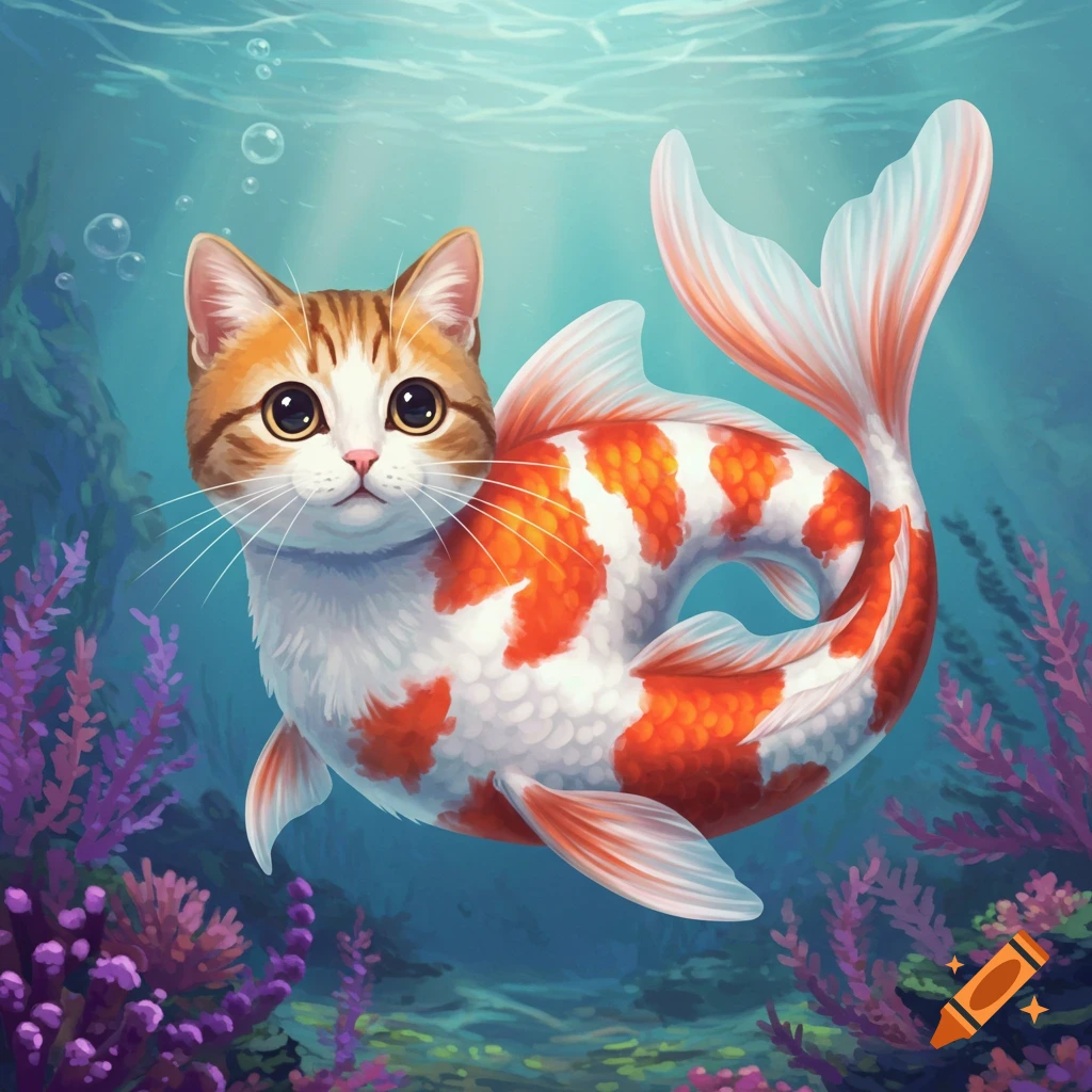 A cat with a fish tail and fins swimming underwater.