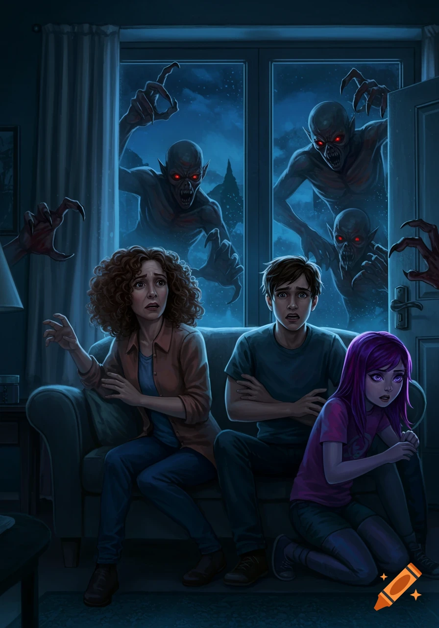 A family hides in their living room from monsters trying to break into their home through windows and a door.