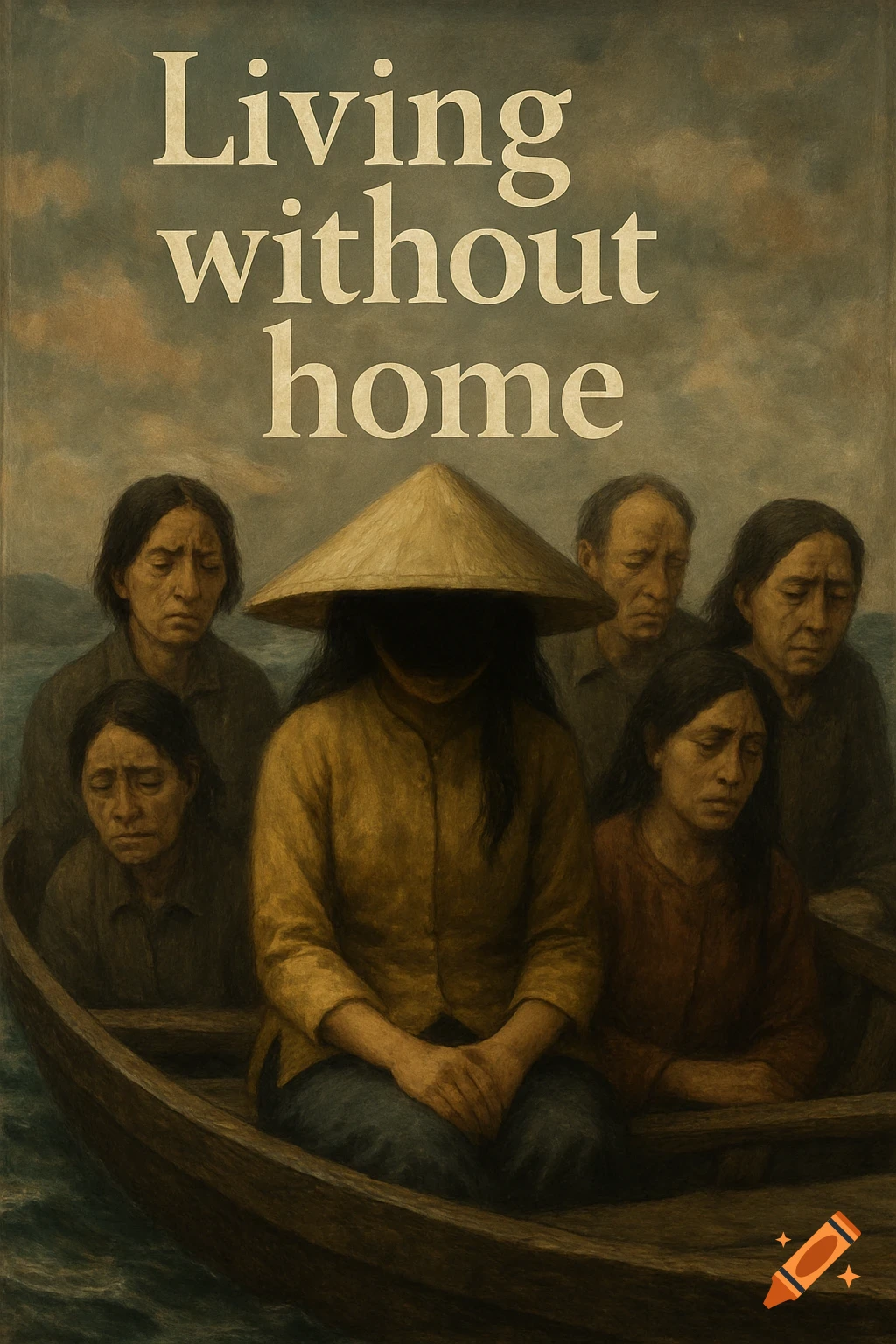 Book cover titled "Living without home" showing sad people on a boat.