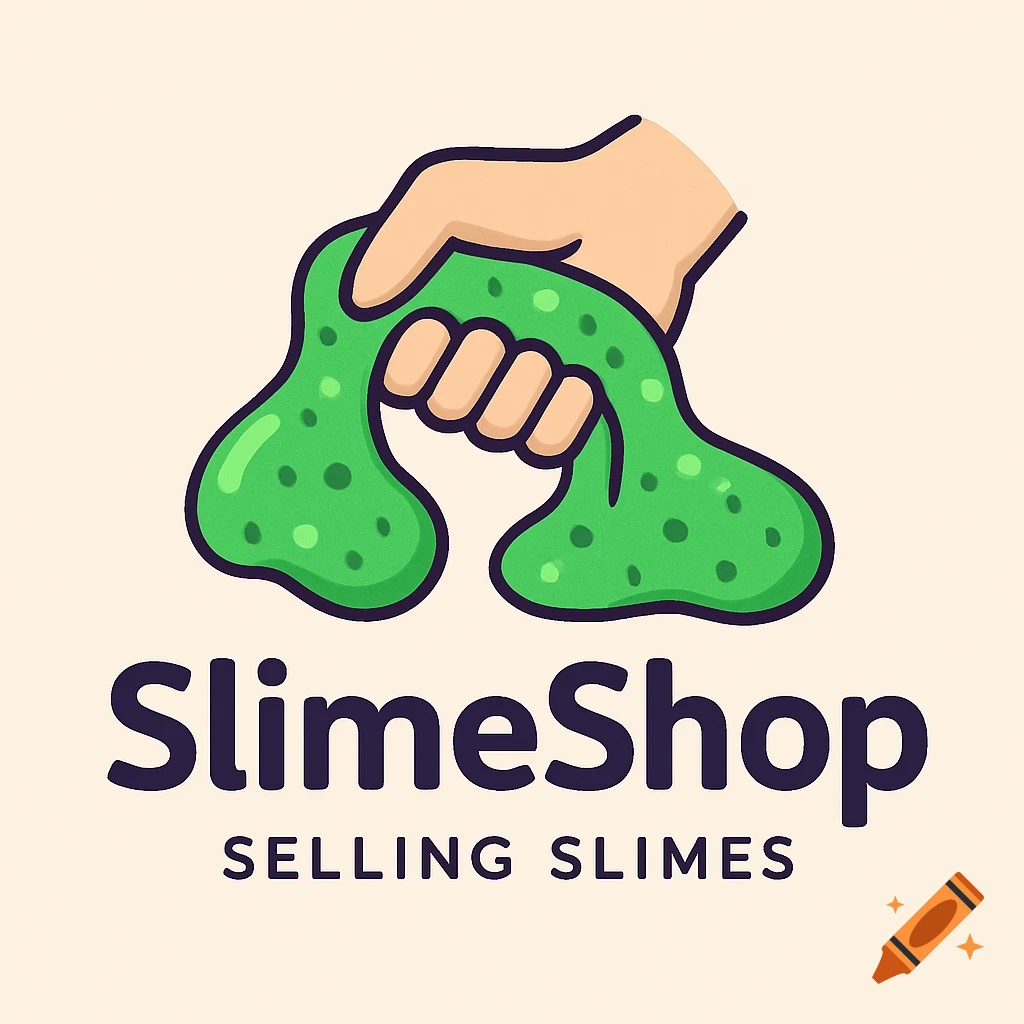 Cartoon logo of a hand holding green slime with the text SlimeShop and SELLING SLIMES.