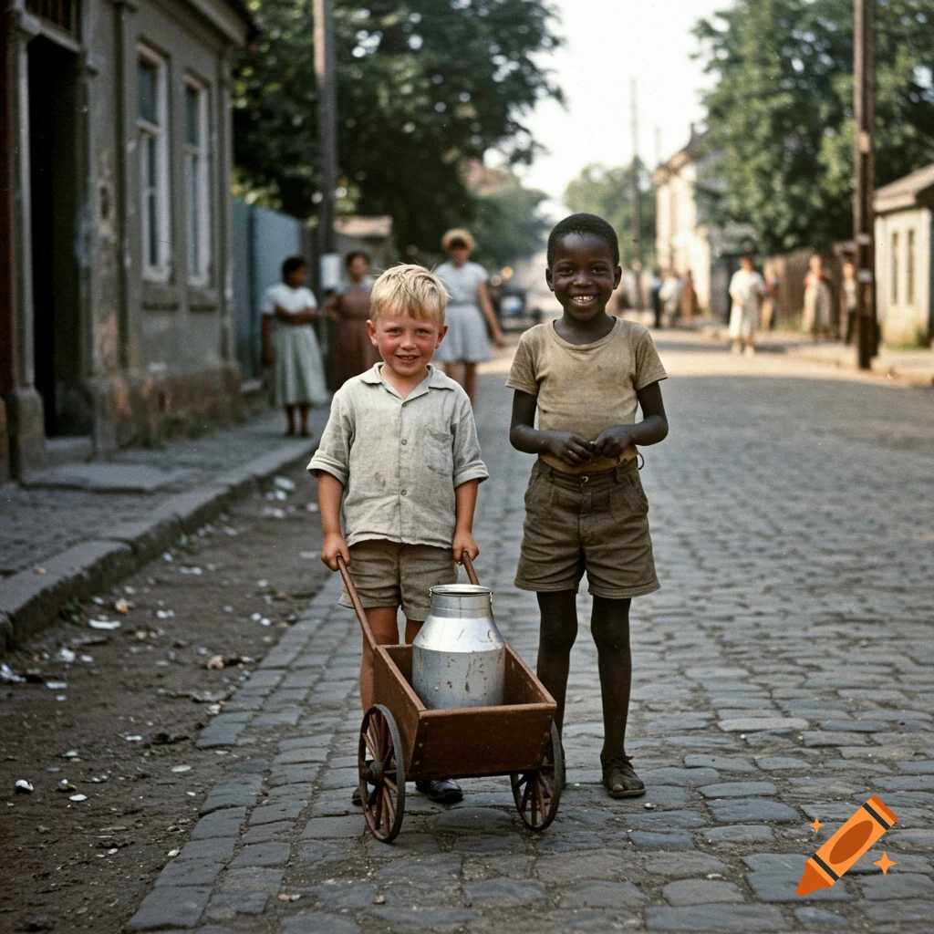 Two young boys stand on a cobblestone street, one holding a small cart with a milk can. Vintage photograph.