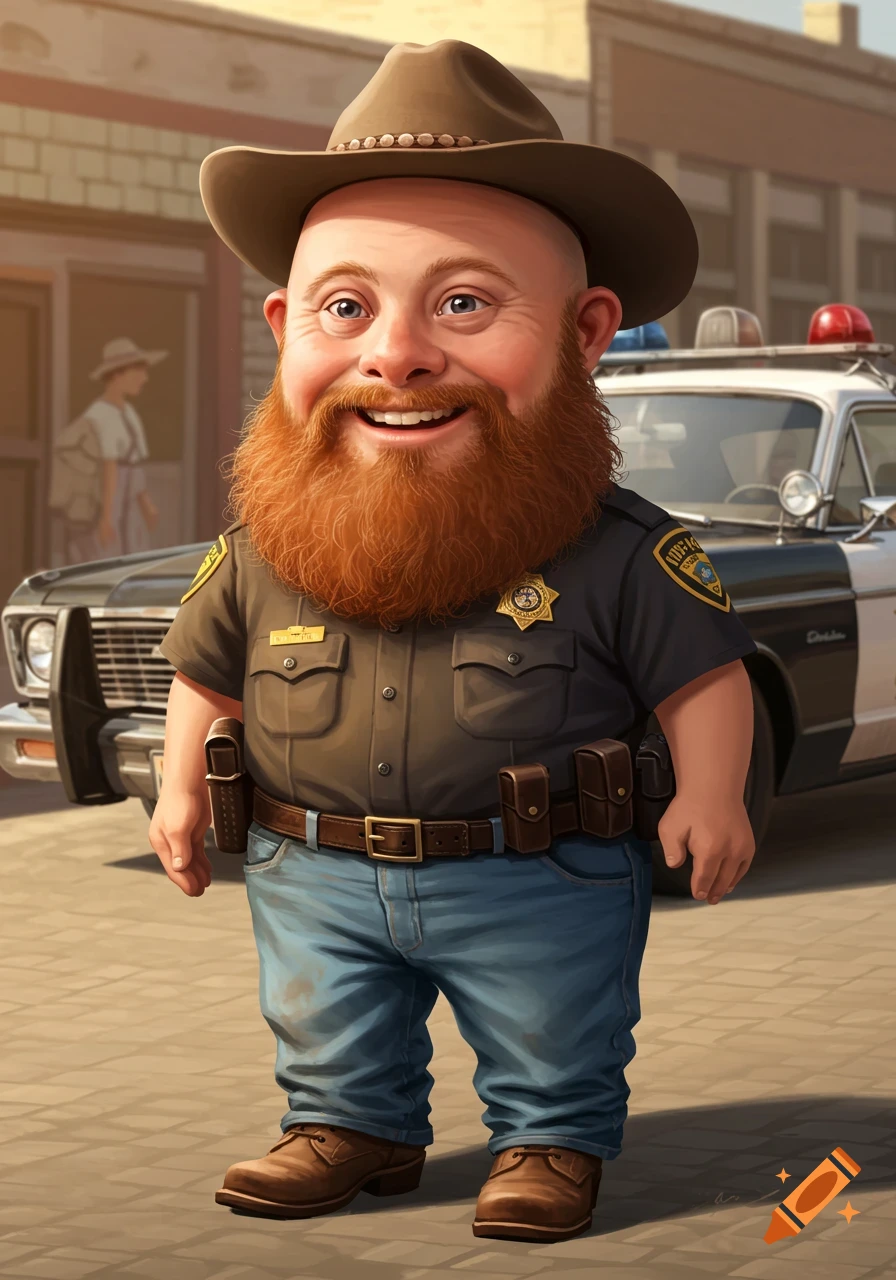 A smiling cartoon man with a beard and cowboy hat in a police uniform stands in front of a police car.