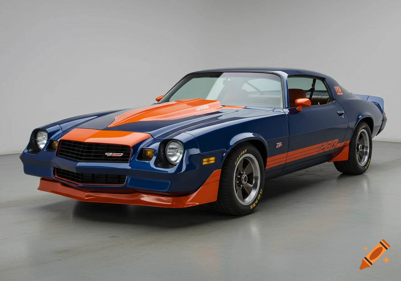 Dark blue 1979 Camaro Z28 stock car with bright orange stripes and hood scoop