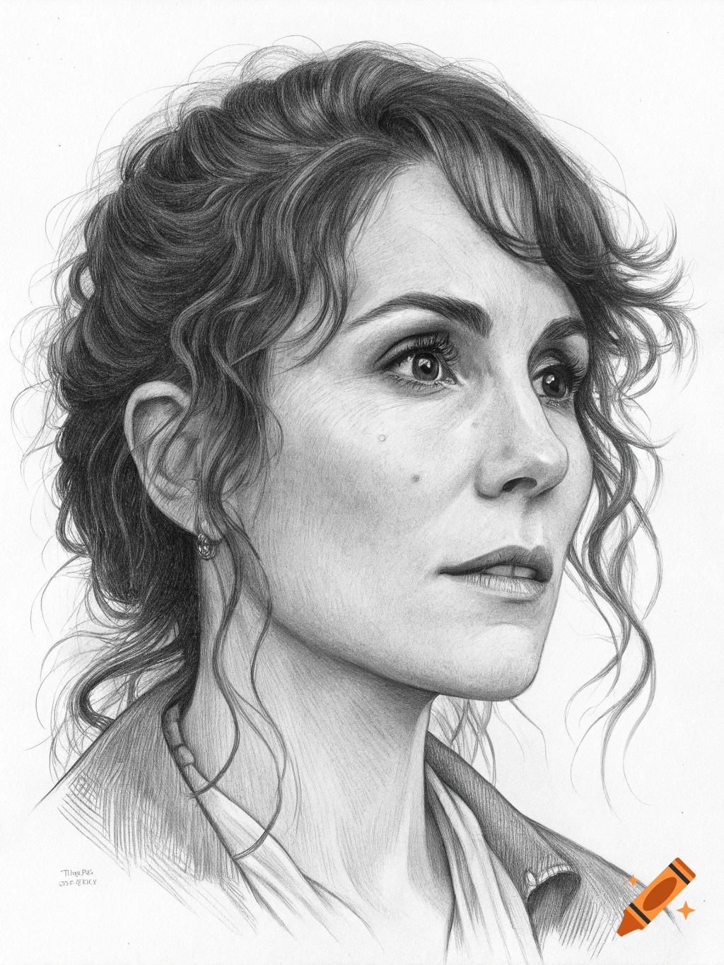 Pencil drawing portrait of a woman with curly brown hair looking to the side