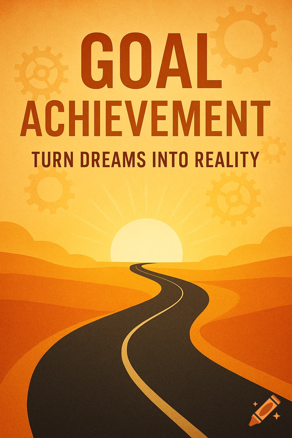 Illustration of a road leading to a sunset, with gears and text 'Goal Achievement, Turn Dreams Into Reality'.