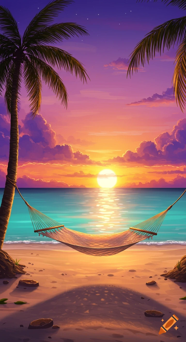 A beach hammock at sunset with palm trees.