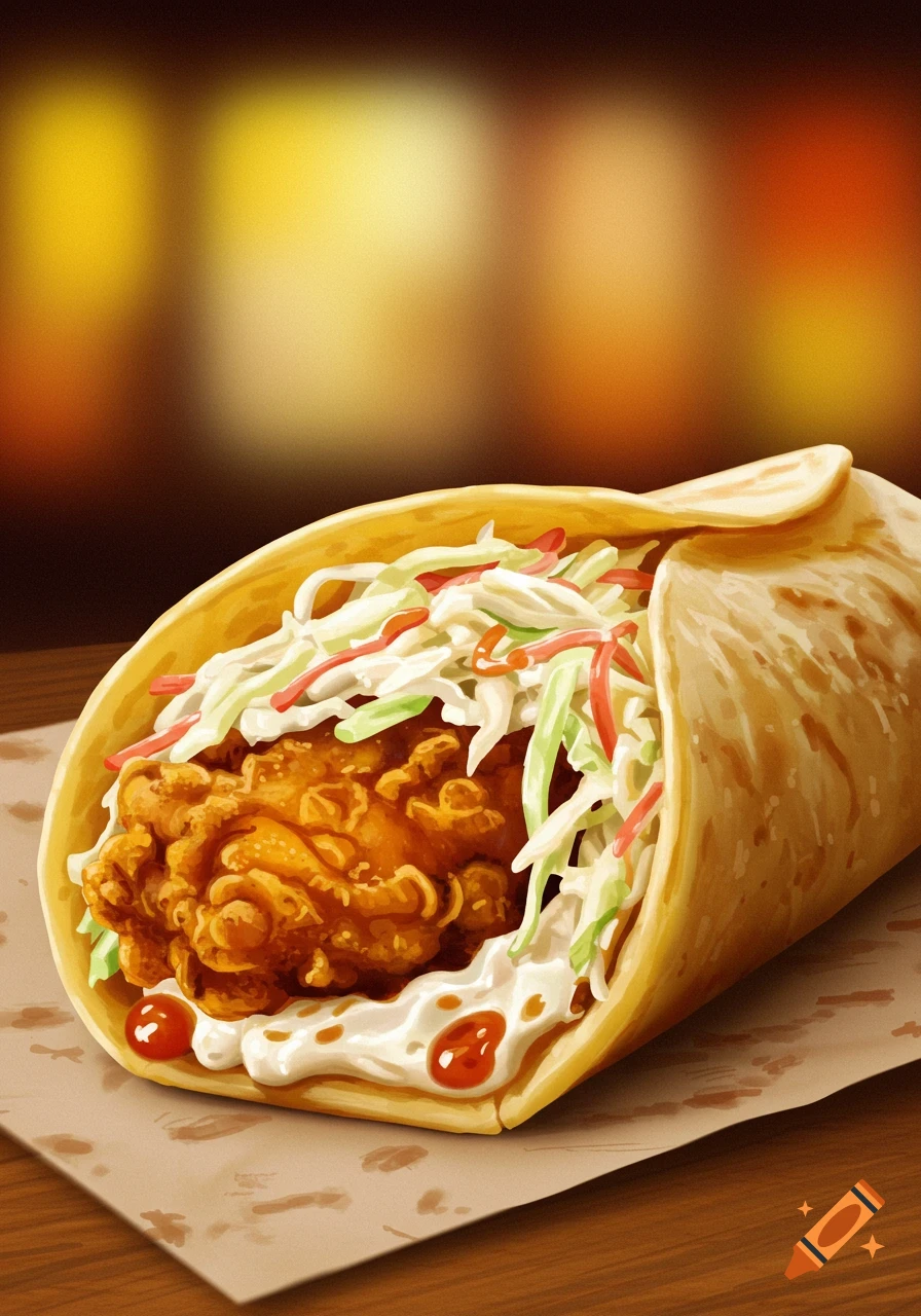A southern fried chicken wrap with coleslaw and sauce.