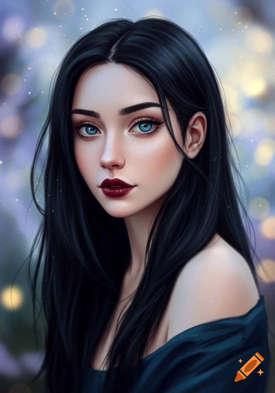 Woman with long black hair and blue eyes against a blurry background.