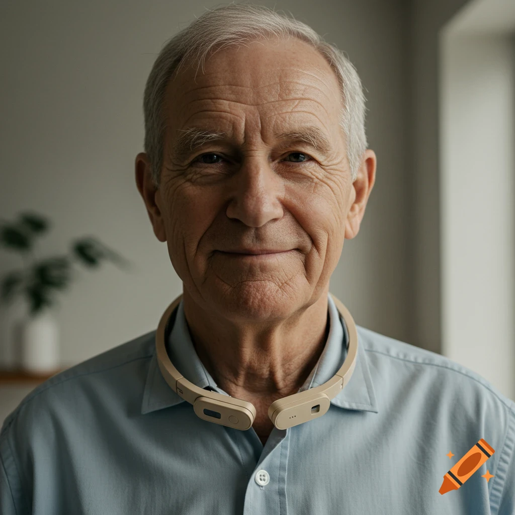 Photorealistic portrait of an elderly man wearing a beige smart device around his neck.