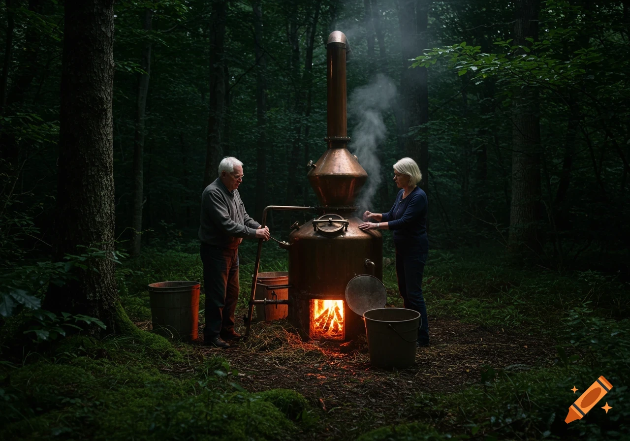 An older man and woman operate a copper moonshine still with a fire in a dark forest.