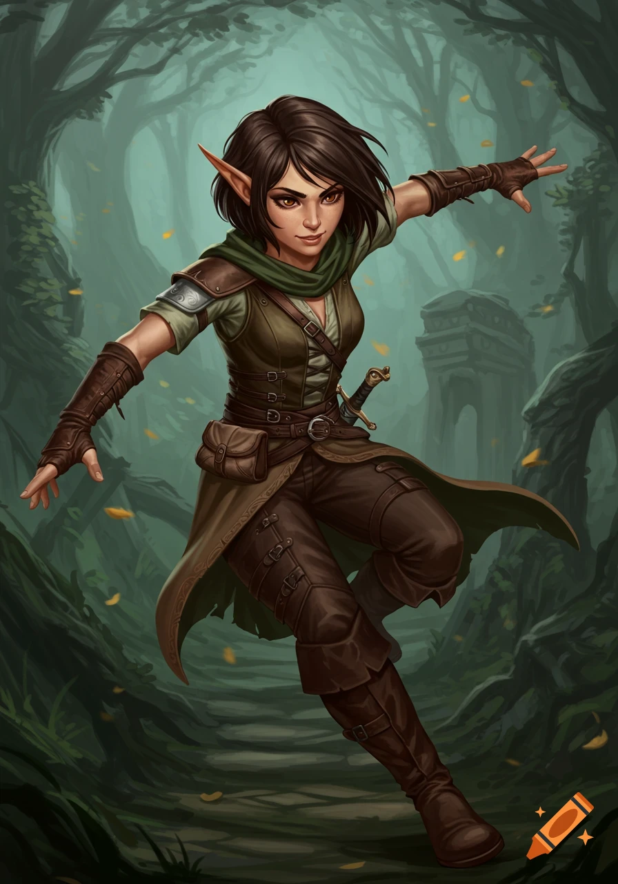 A female half-elf rogue leaps through a forest.