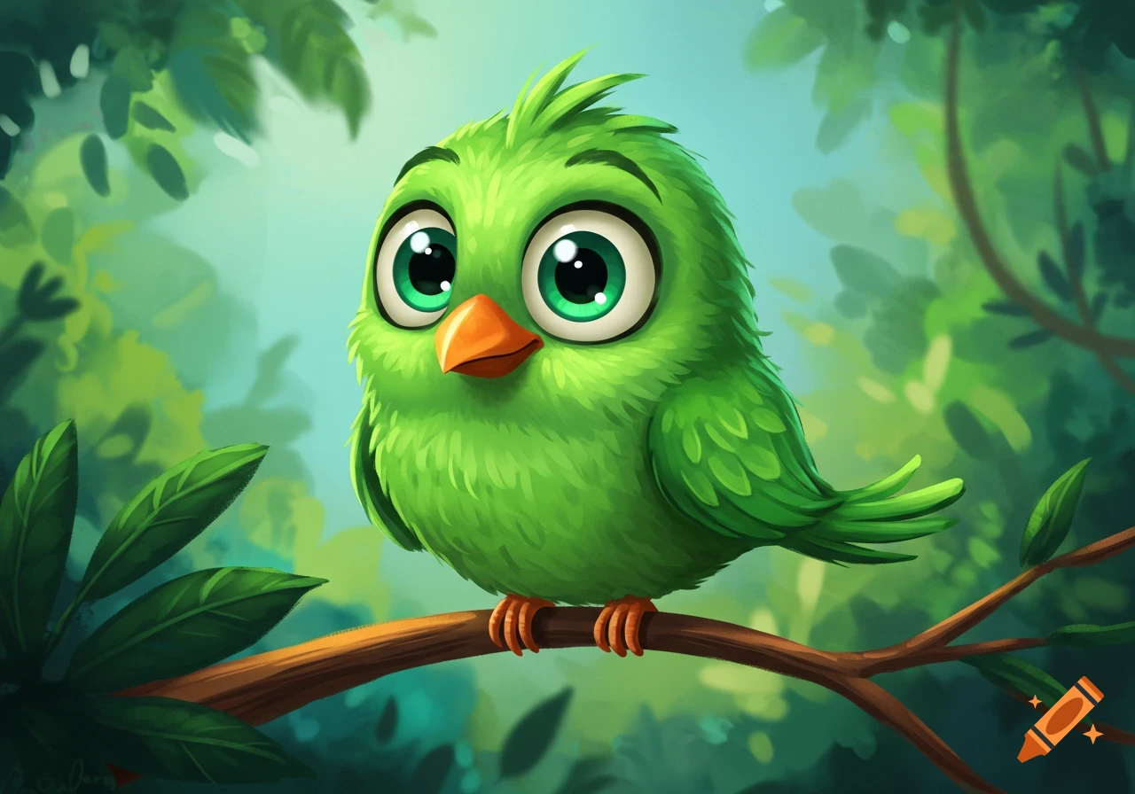 A bright green cartoon bird with large eyes sits on a branch in a leafy forest.