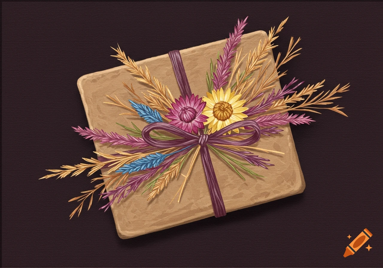 A gift box wrapped with a purple ribbon and bouquet of colorful dried flowers.