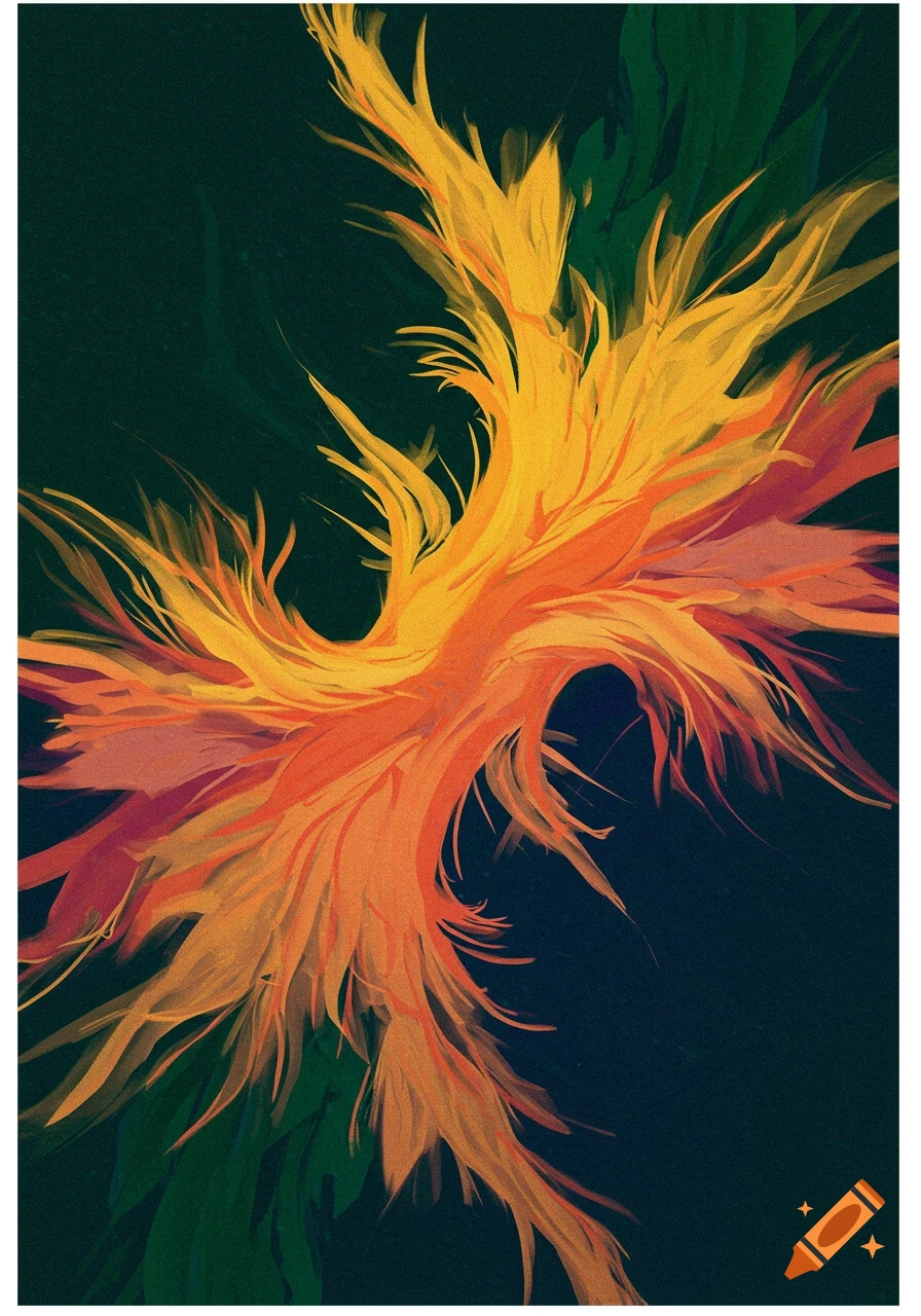 Abstract depiction of fiery orange and yellow shapes against a dark background.