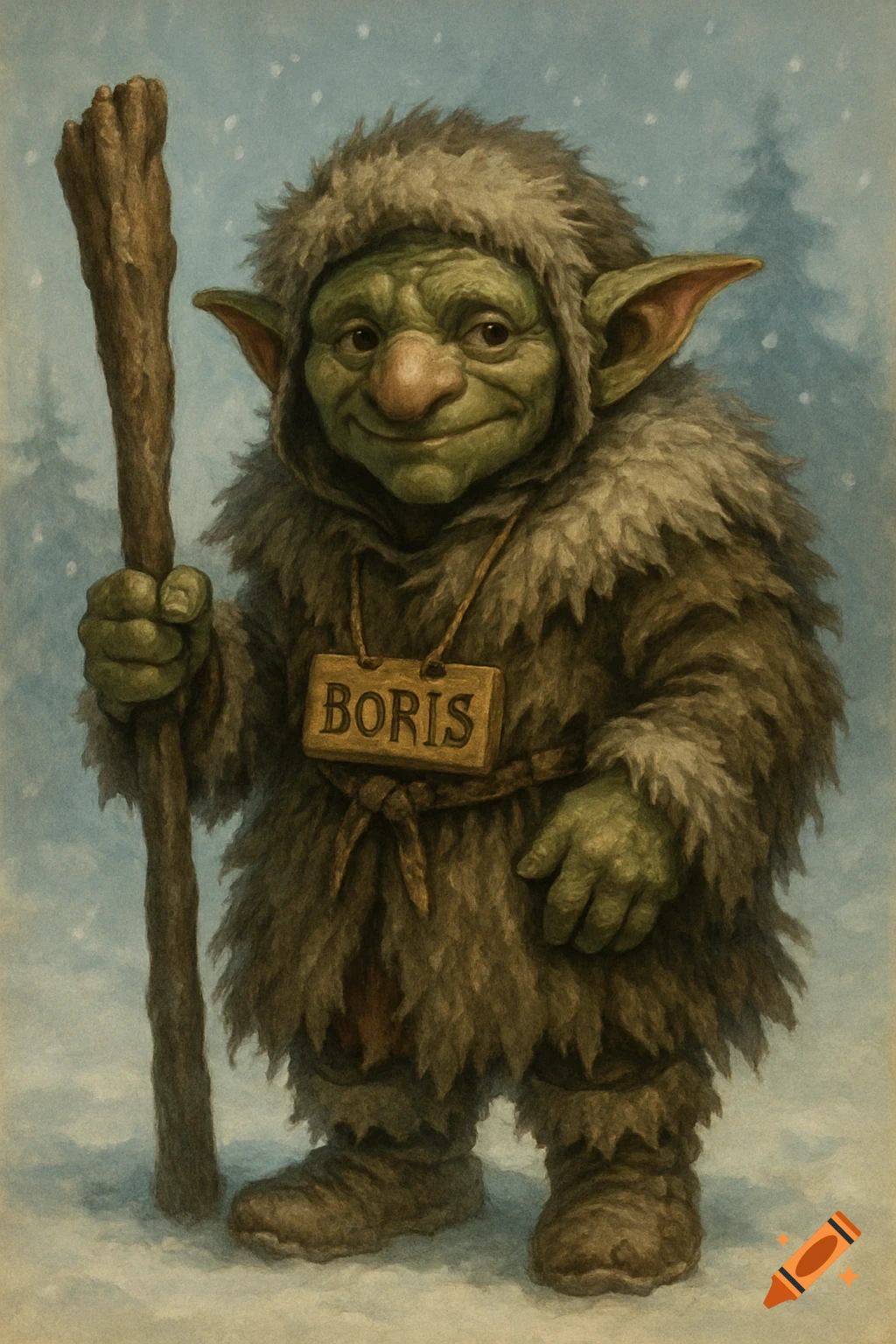 A friendly goblin in furry winter clothes holding a stick and wearing a 'Boris' name tag stands in a snowy forest.