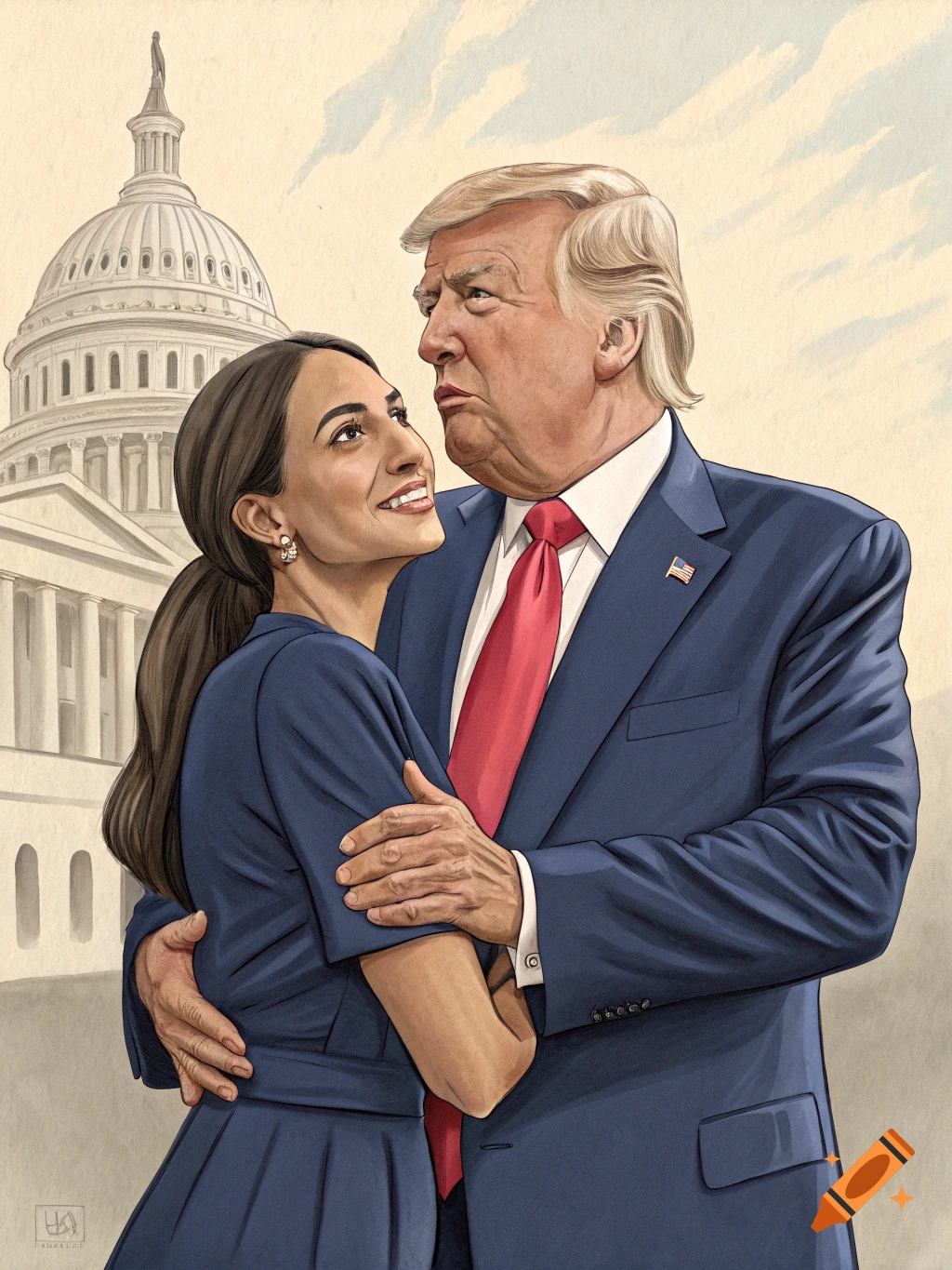 Illustration of Donald Trump holding Alexandria Ocasio-Cortez in front of the US Capitol.