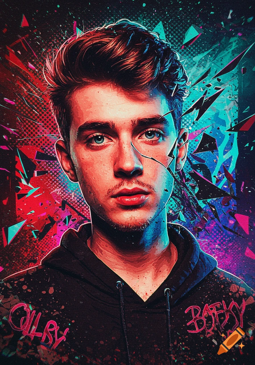 Vibrant portrait of a young man against a background of shattered glass and colorful geometric shapes.