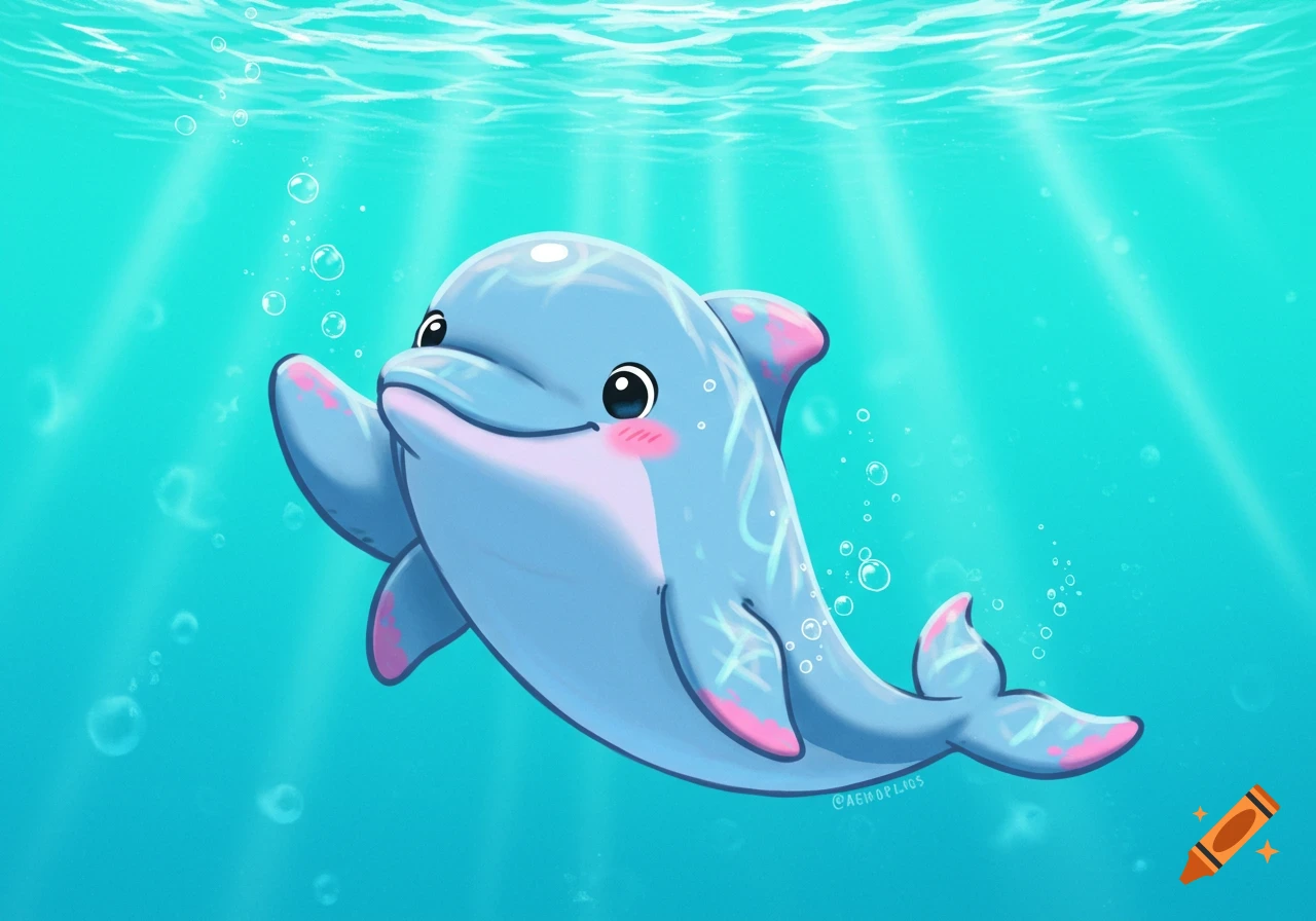 A cute cartoon dolphin with pink accents waves underwater, with light rays shining from above.