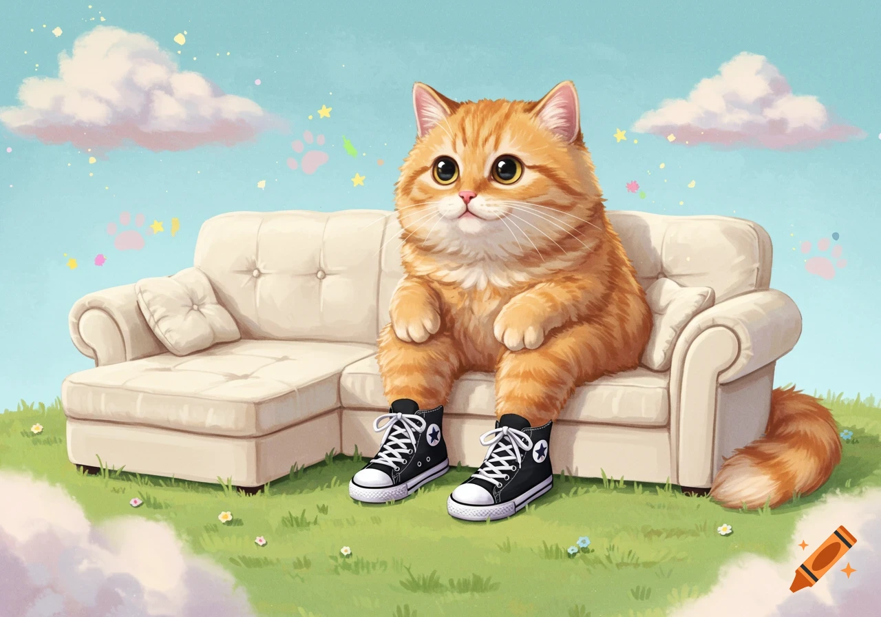 Cute orange cat wearing black Converse shoes sitting on a couch outdoors in a grassy field.