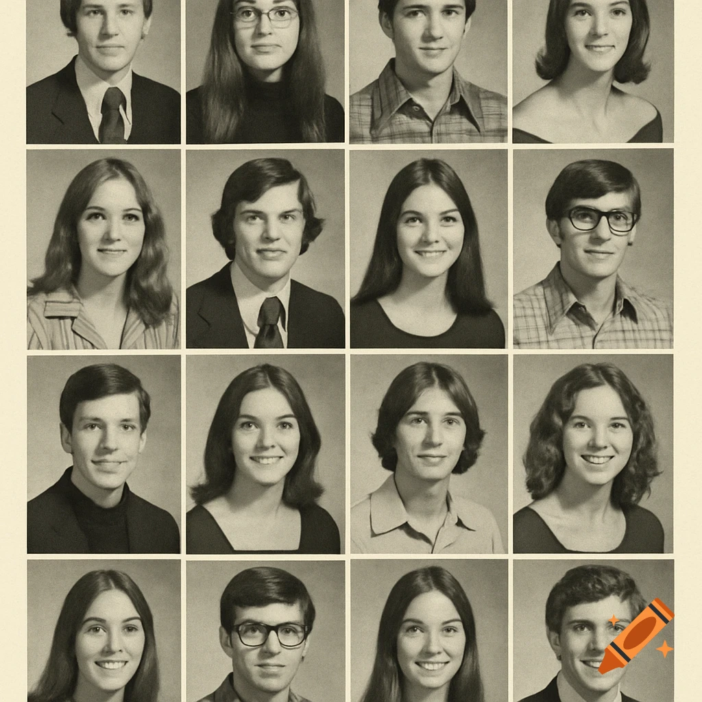 A grid of vintage school yearbook portraits from the 1970s.