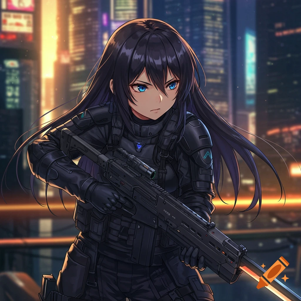 Anime girl in tactical gear holds a gunblade in a futuristic city.
