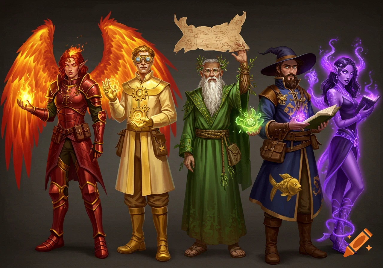 Five fantasy characters stand side-by-side: a fire warrior with wings, an inventor, a nature figure, a ship captain, and a mysterious woman.