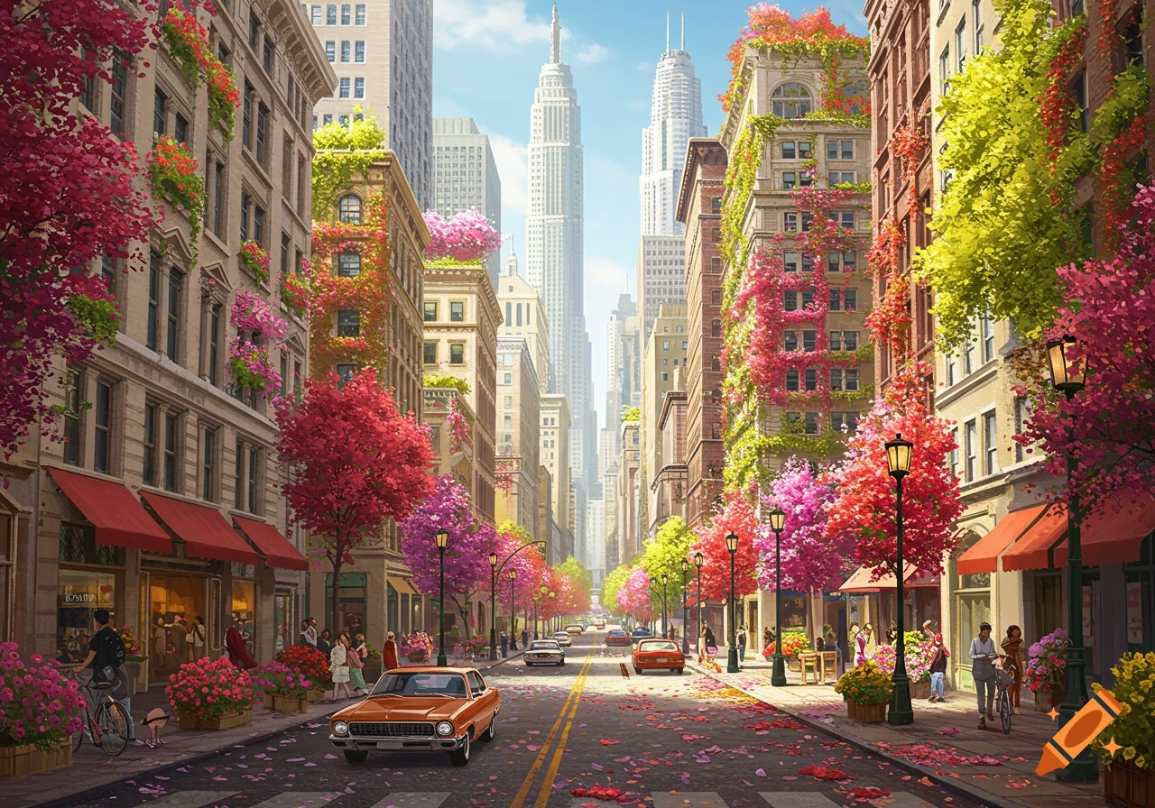 A vibrant city street lined with buildings covered in colorful flowering vines and trees in full bloom.