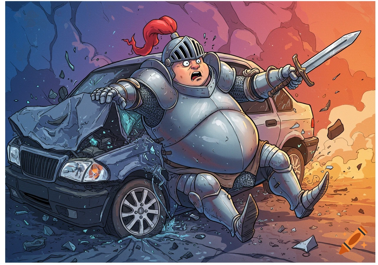 Cartoon of a fat knight in a car crash