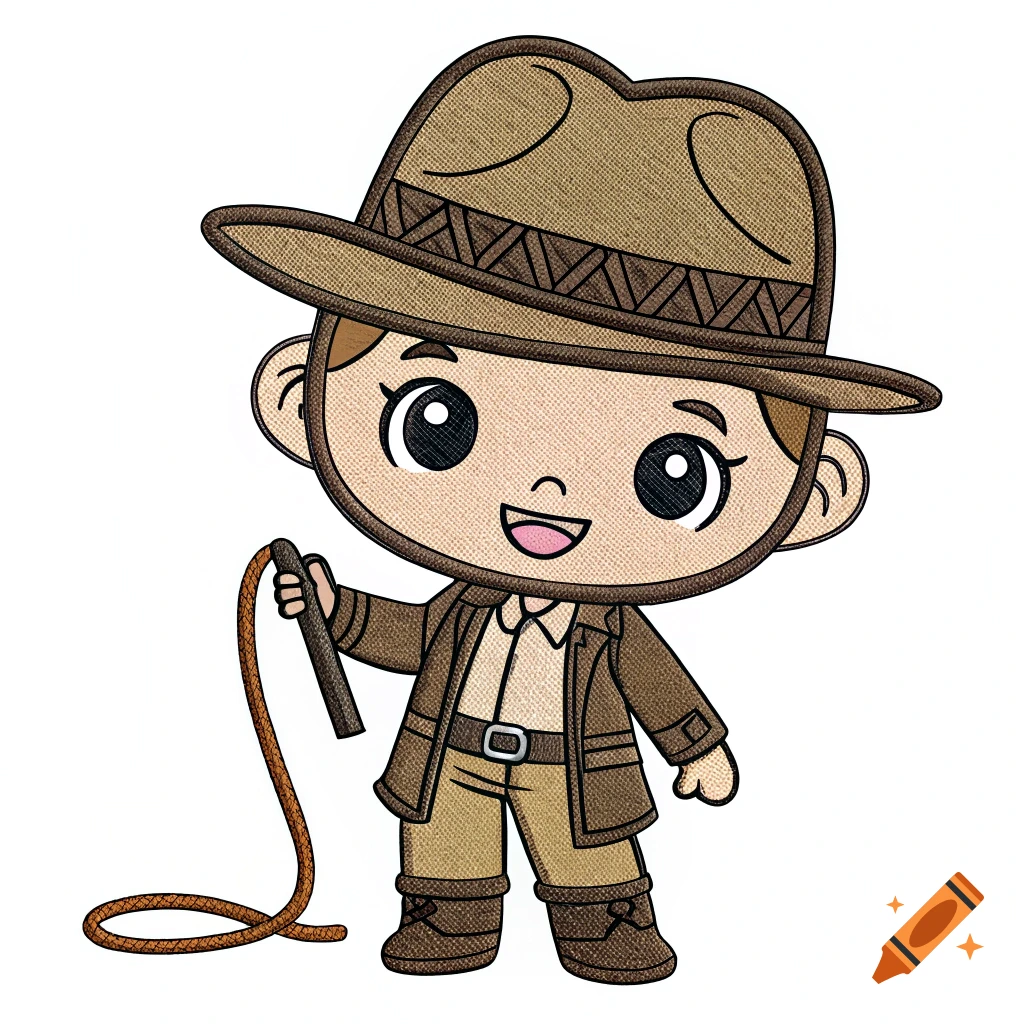 Cute cartoon character resembling Indiana Jones holding a whip.