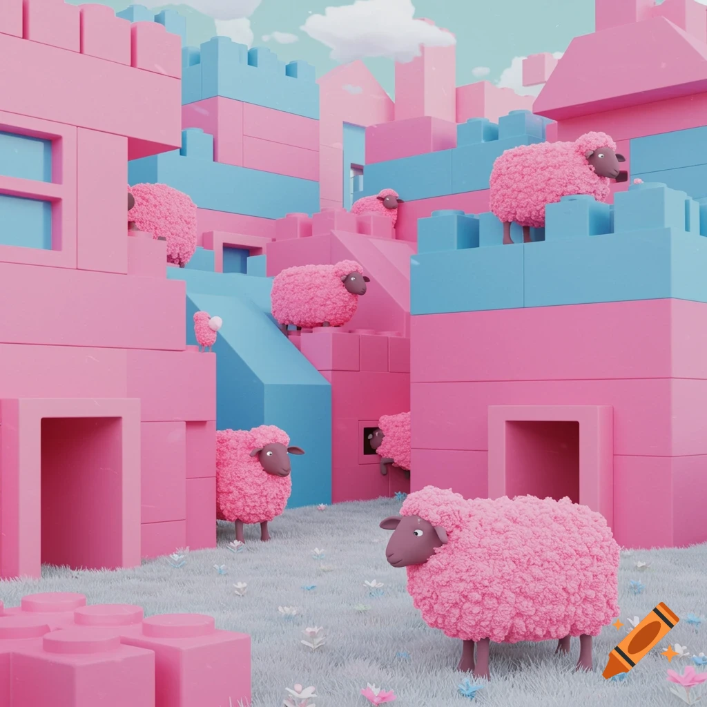 Pink sheep stand on and around large pink and blue building blocks in a grassy landscape under a cloudy sky.