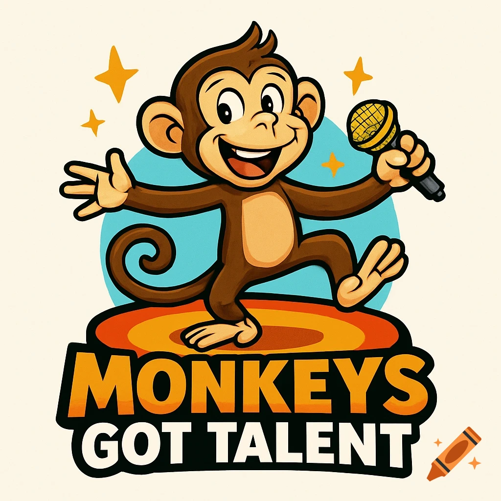 Cartoon monkey holding a microphone on a stage with stars and text "MONKEYS GOT TALENT"