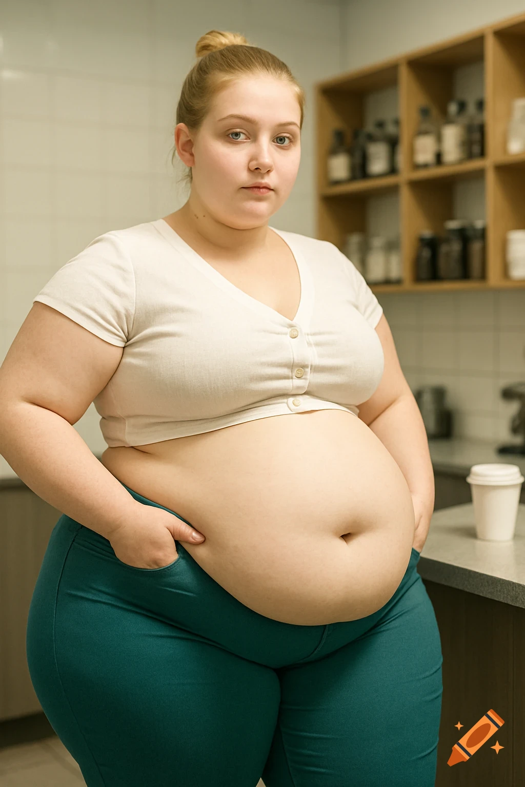 Photorealistic portrait of a woman with an exaggerated abdomen standing in a coffee shop.
