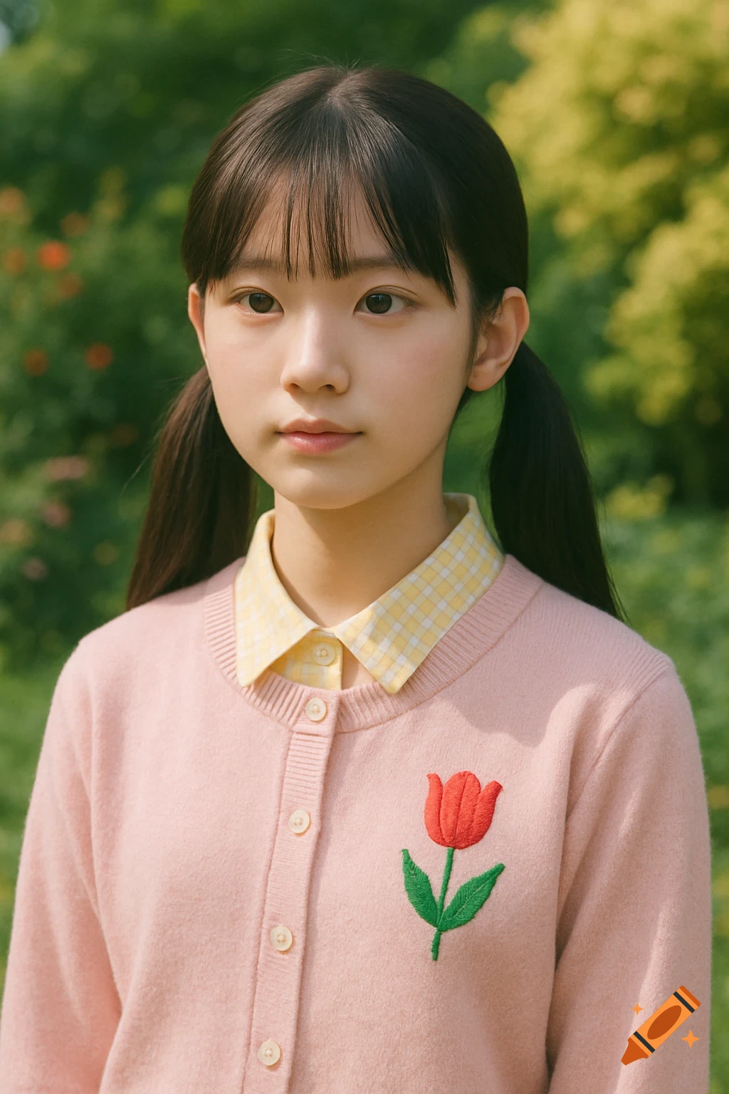 A young girl with pigtails wearing a pink cardigan with a tulip design and a yellow checkered shirt stands in a park.