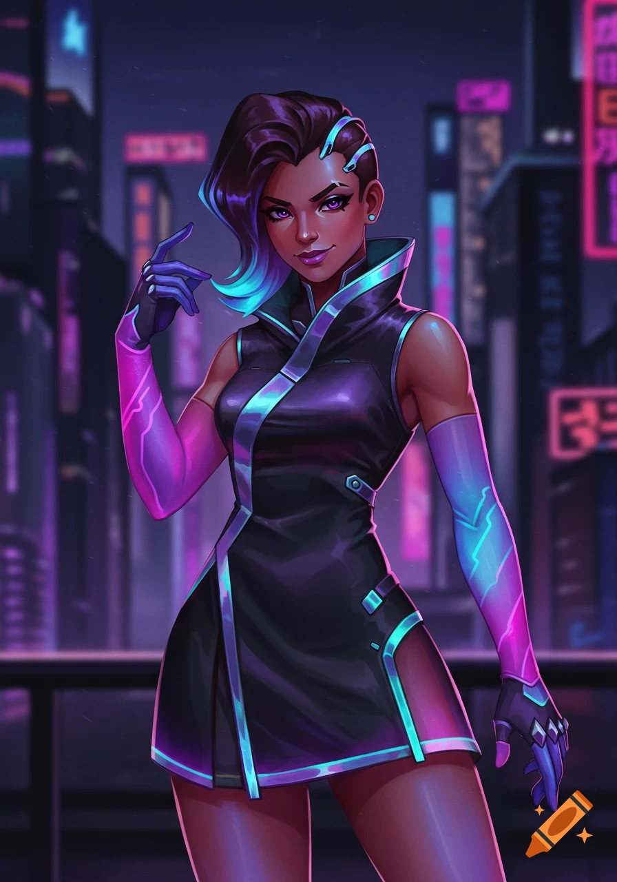 Sombra from Overwatch in a futuristic dress in a cyberpunk city.