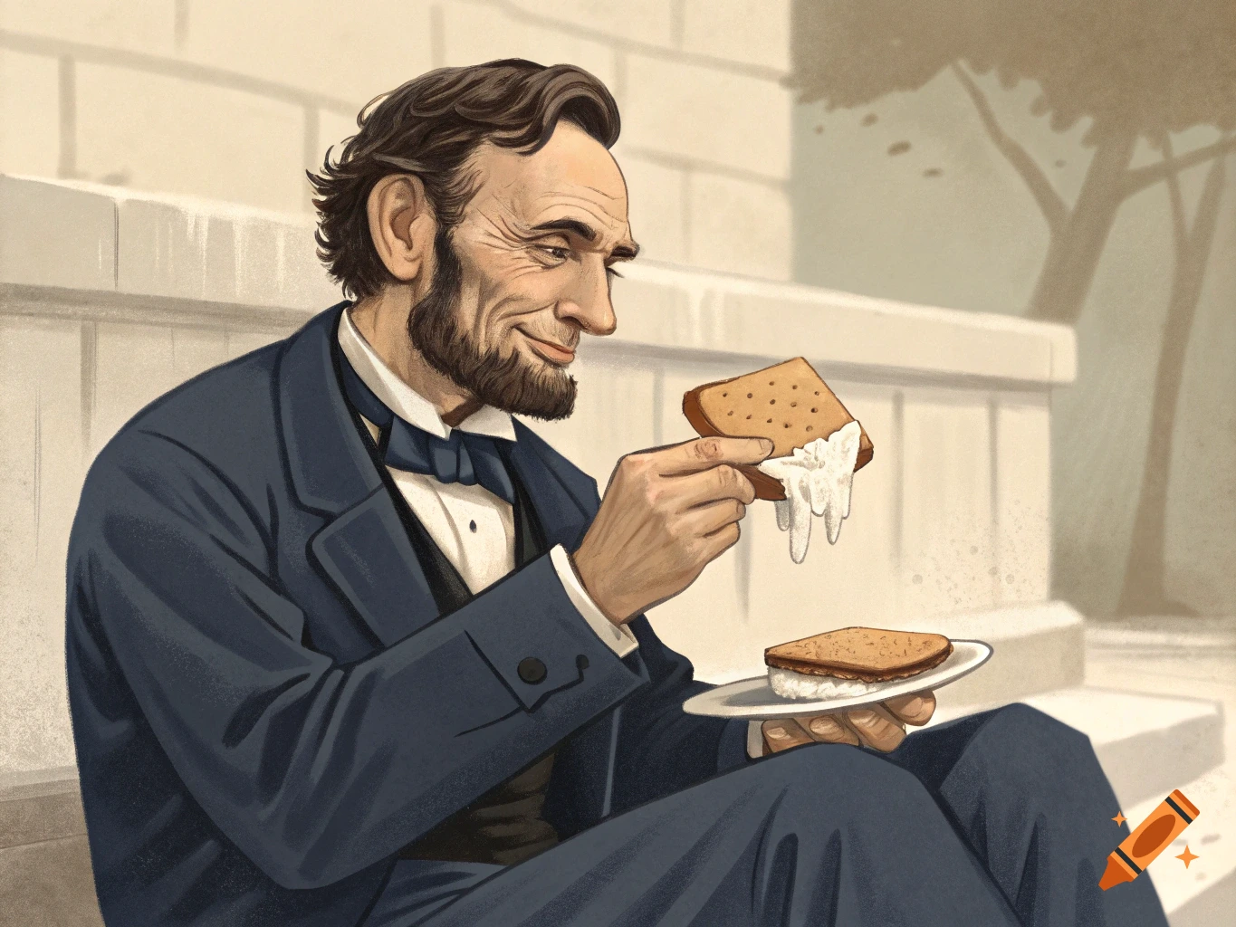 Illustration of Abraham Lincoln sitting outside eating a s'more or ice cream sandwich.