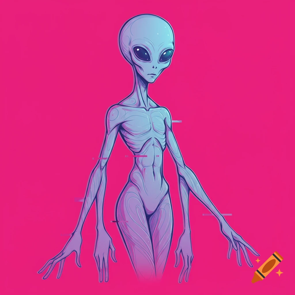 Stylized digital line sketch illustration of a grey alien against a pink background