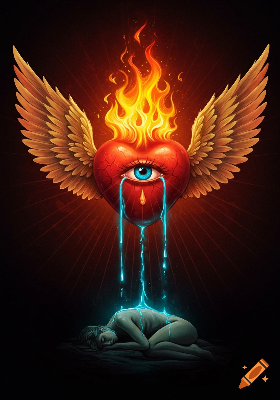 A flaming sacred heart with an eye and wings, weeping blue tears onto a sleeping figure below.