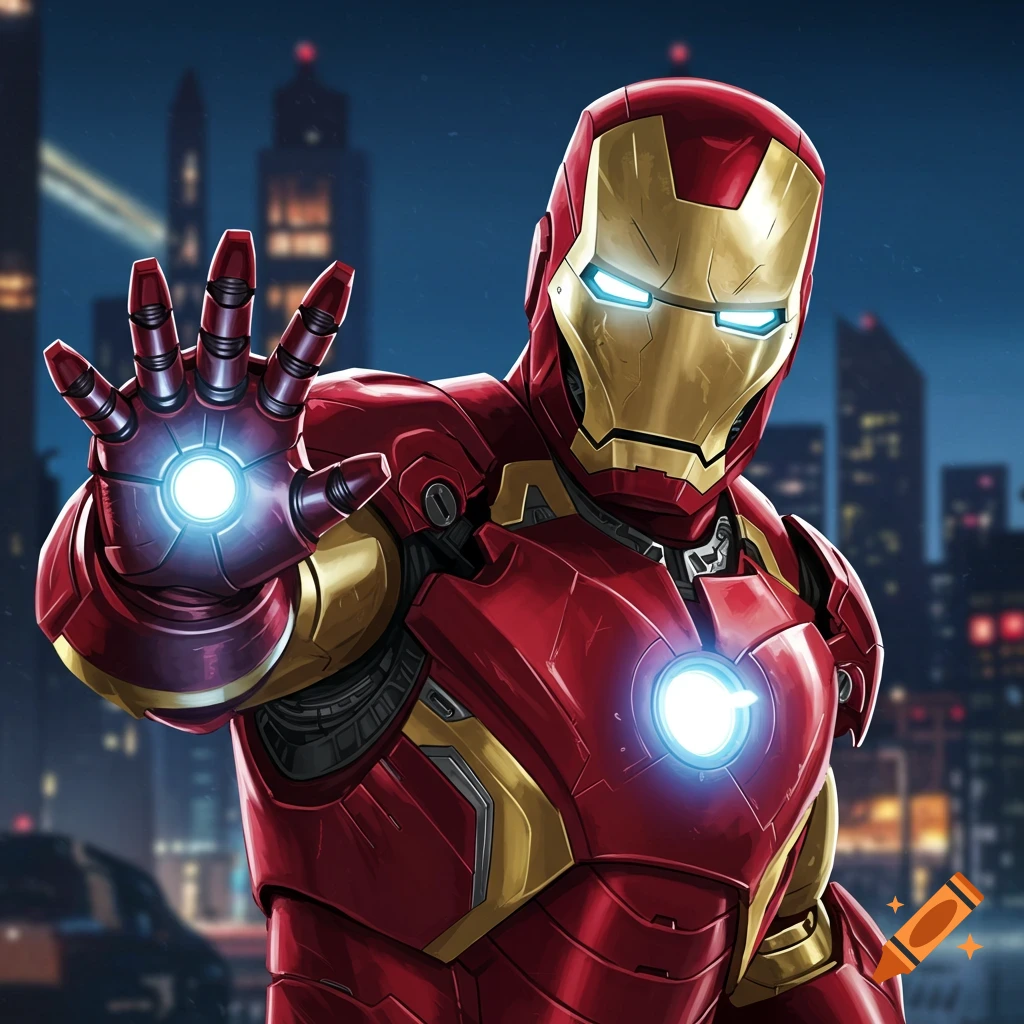 Iron Man poses with a glowing palm reactor in front of a city skyline.
