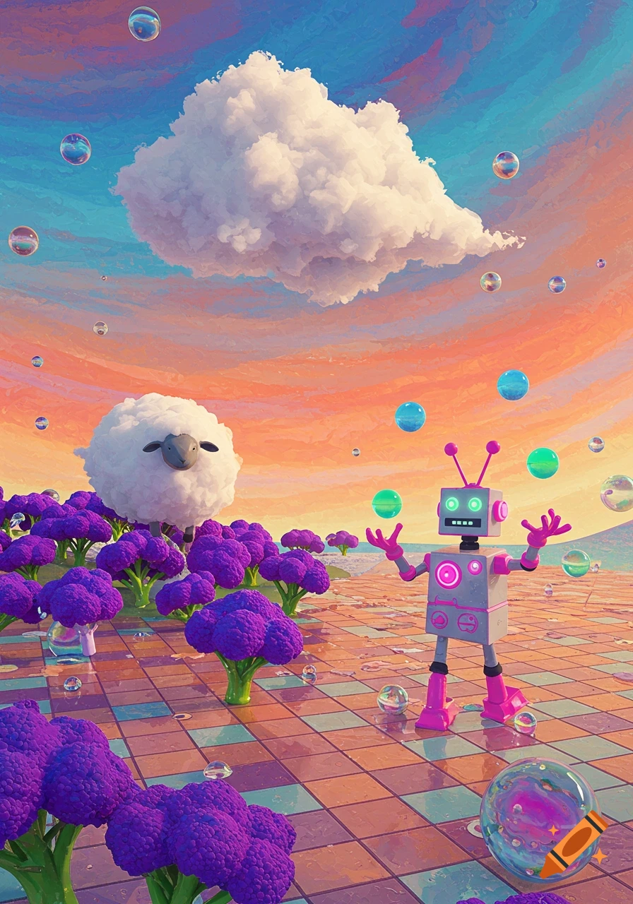A sheep and robot juggle bubbles in a surreal landscape with purple plants under a sunset sky.