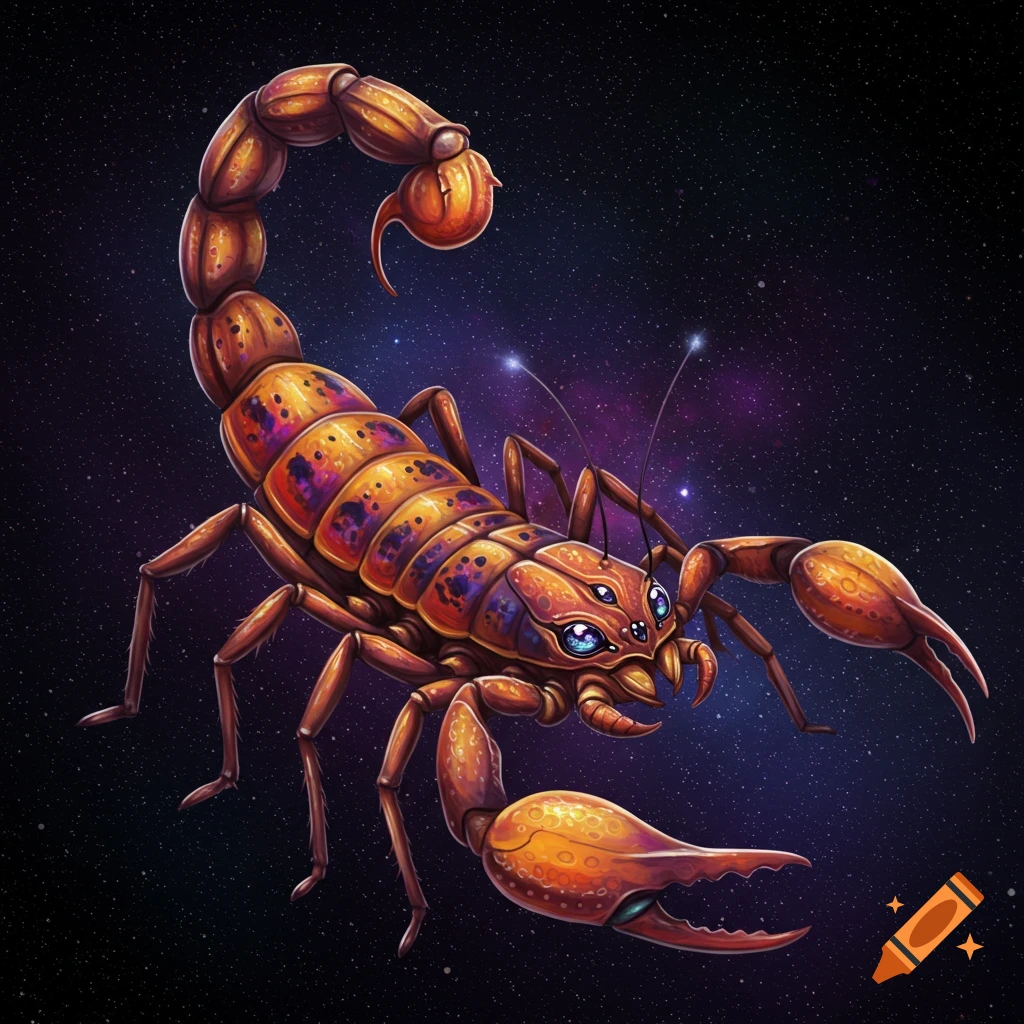 A stylized scorpion-like creature with multiple eyes, a segmented body, and claws, floating in a star-filled space background.