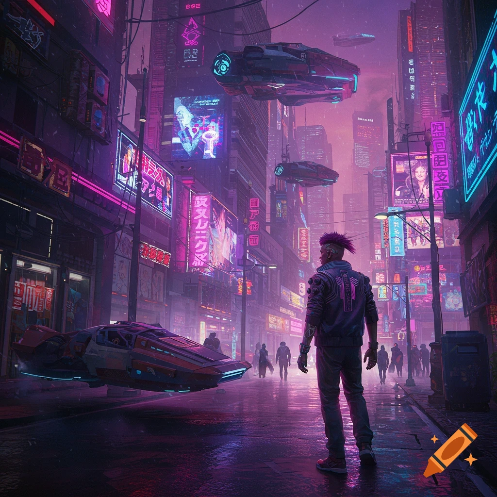 A person standing on a wet street looking at a cyberpunk city with neon lights and flying vehicles.