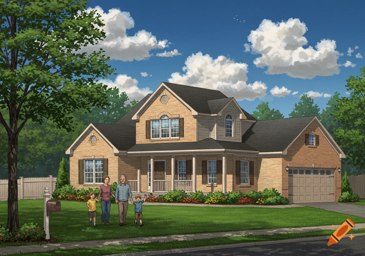 A family standing in front of a house.