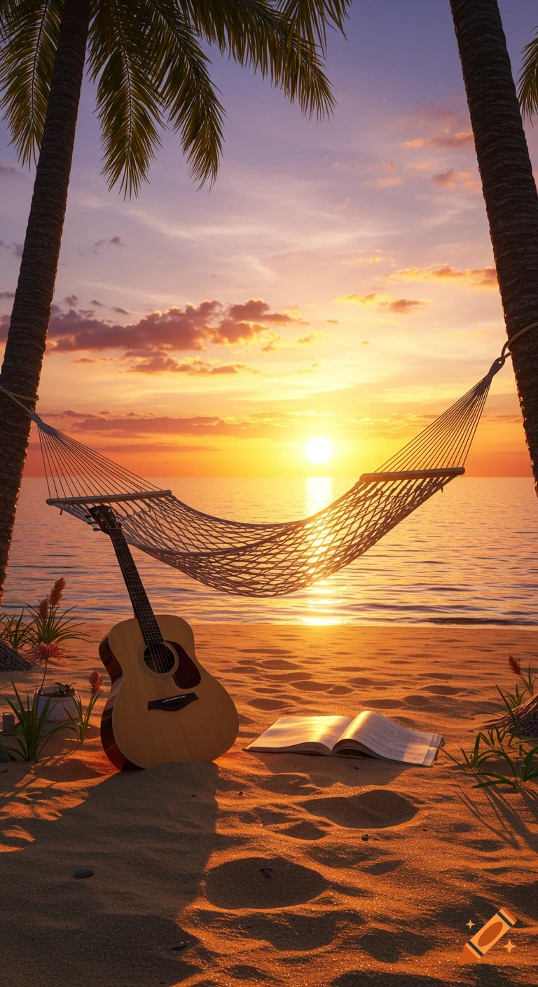 A beach at sunset with a hammock, guitar, and open book on the sand.
