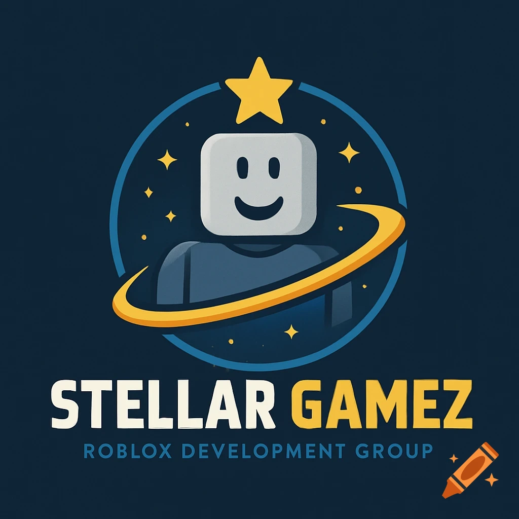Logo for Stellar Gamez Roblox development group featuring a character head, star, and planetary ring.