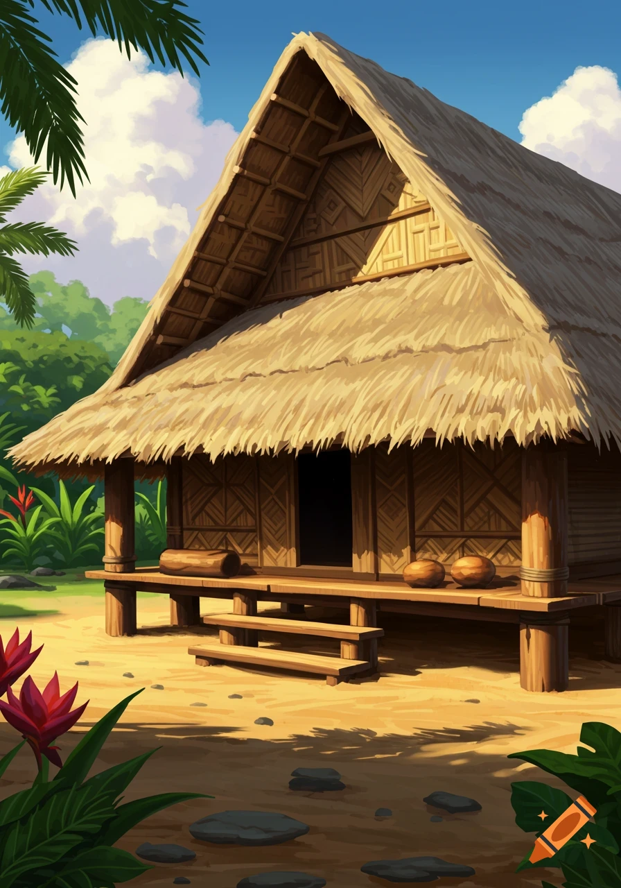 A traditional thatched-roof house (fale) nestled in a tropical setting